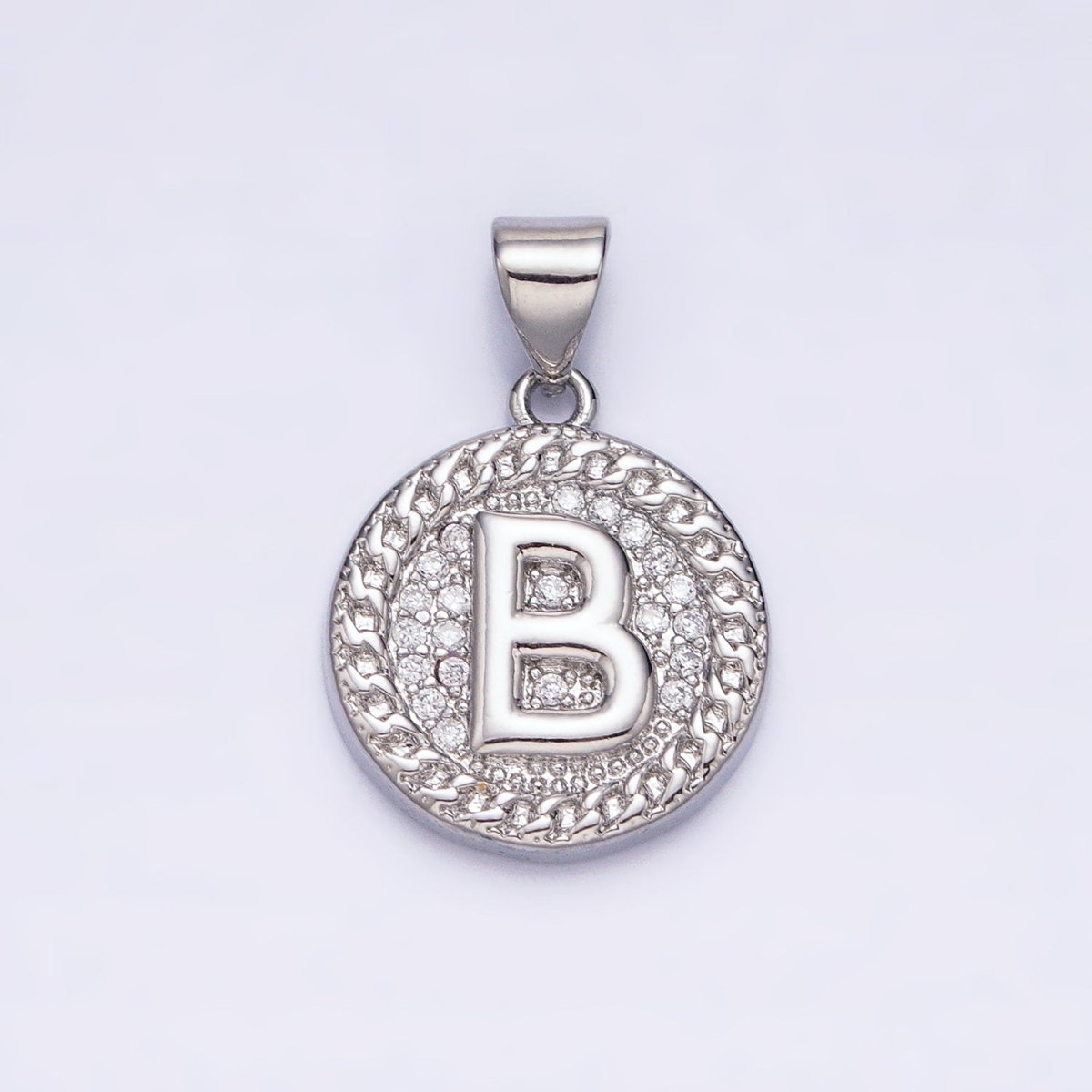 White Gold Filled Initial Letter A-Z Micro Paved Curb Link Round Coin Pendant | AD357 - AD382 - DLUXCA