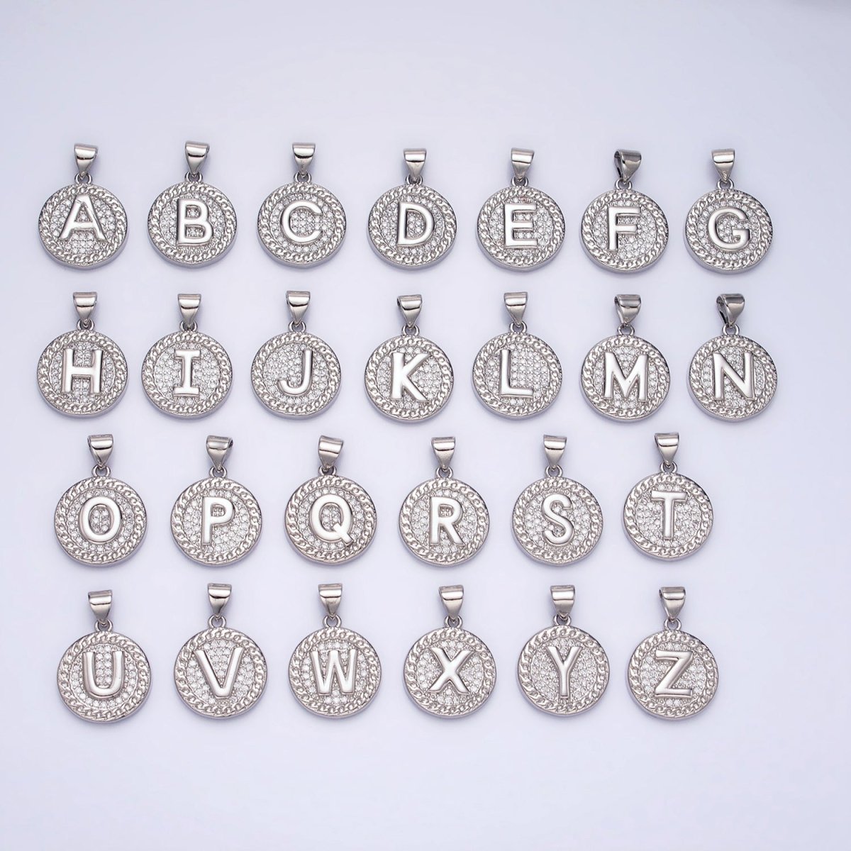 White Gold Filled Initial Letter A-Z Micro Paved Curb Link Round Coin Pendant | AD357 - AD382 - DLUXCA