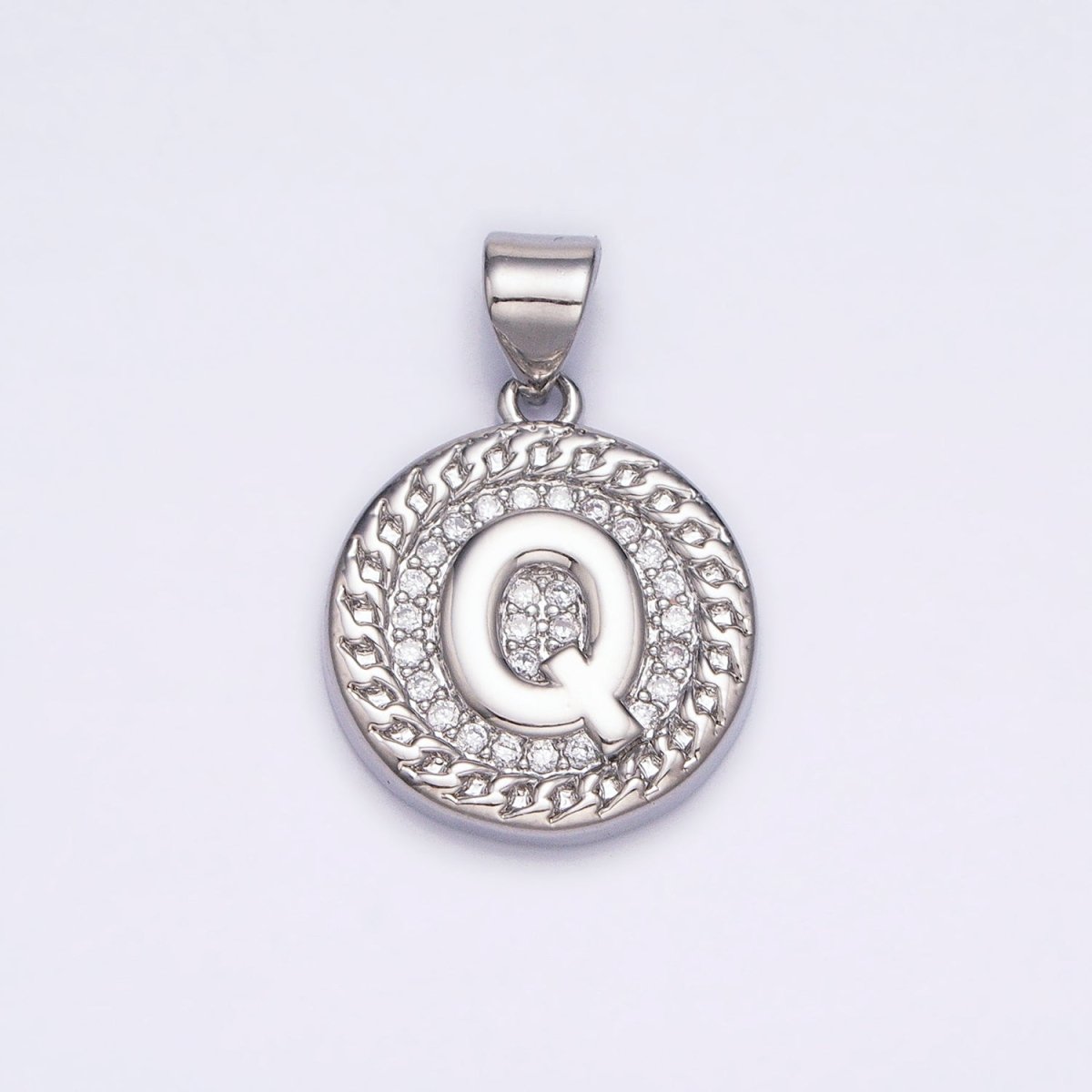 White Gold Filled Initial Letter A-Z Micro Paved Curb Link Round Coin Pendant | AD357 - AD382 - DLUXCA