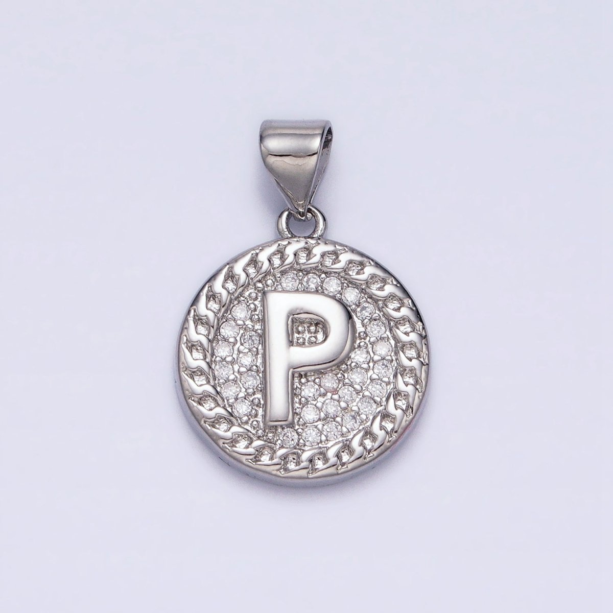 White Gold Filled Initial Letter A-Z Micro Paved Curb Link Round Coin Pendant | AD357 - AD382 - DLUXCA