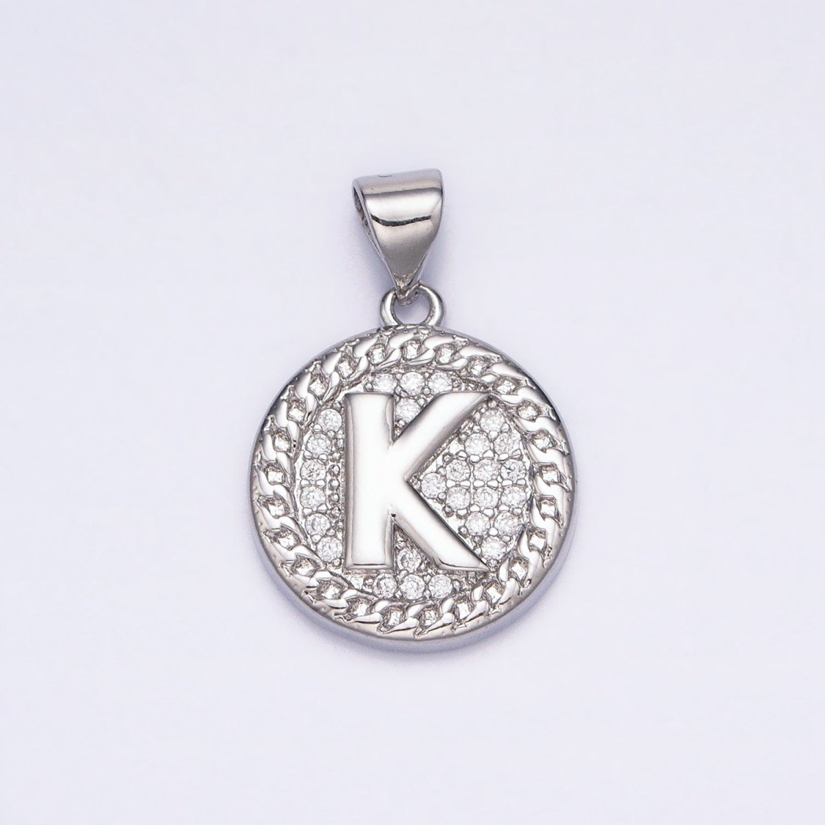 White Gold Filled Initial Letter A-Z Micro Paved Curb Link Round Coin Pendant | AD357 - AD382 - DLUXCA