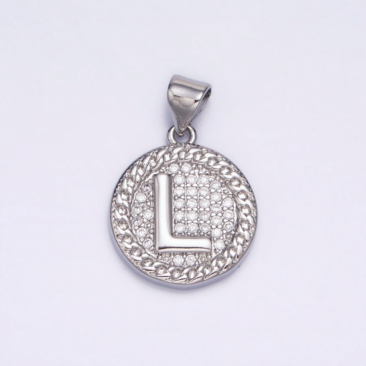 White Gold Filled Initial Letter A-Z Micro Paved Curb Link Round Coin Pendant | AD357 - AD382 - DLUXCA