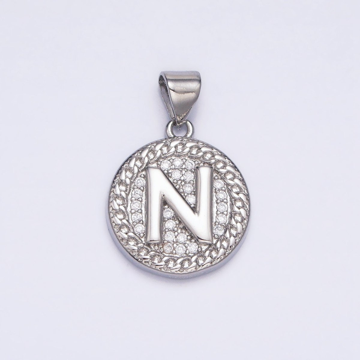 White Gold Filled Initial Letter A-Z Micro Paved Curb Link Round Coin Pendant | AD357 - AD382 - DLUXCA