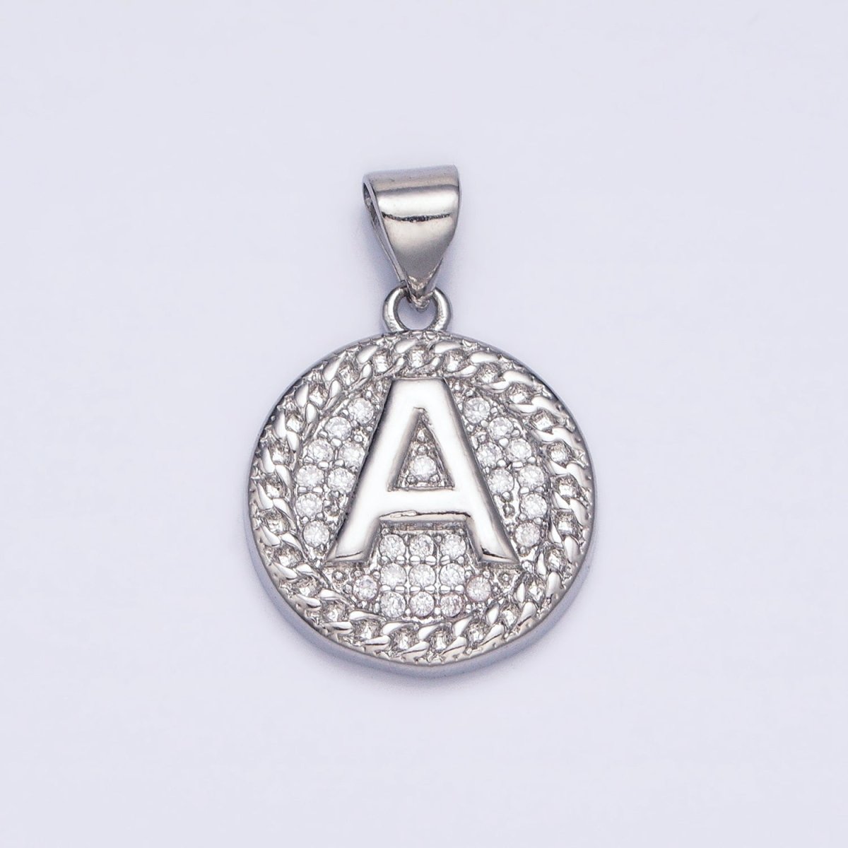 White Gold Filled Initial Letter A-Z Micro Paved Curb Link Round Coin Pendant | AD357 - AD382 - DLUXCA