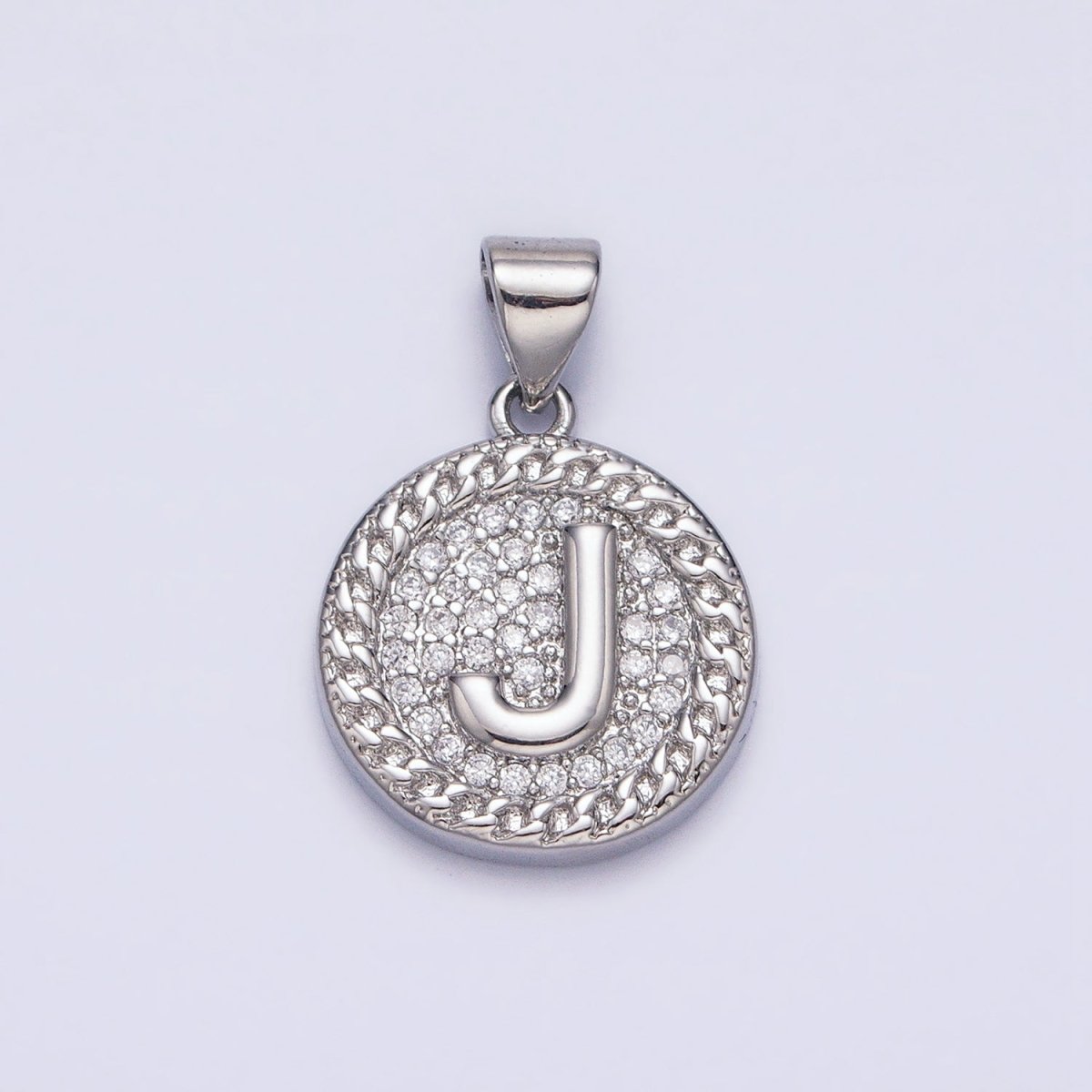 White Gold Filled Initial Letter A-Z Micro Paved Curb Link Round Coin Pendant | AD357 - AD382 - DLUXCA