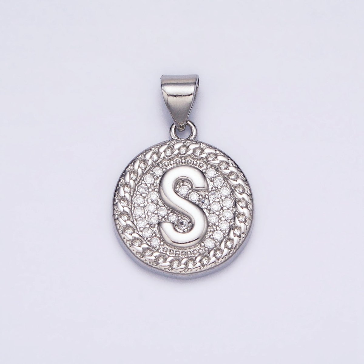 White Gold Filled Initial Letter A-Z Micro Paved Curb Link Round Coin Pendant | AD357 - AD382 - DLUXCA