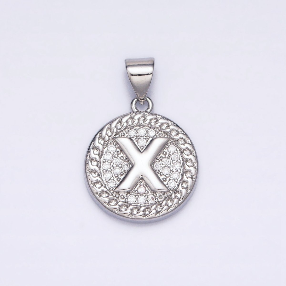 White Gold Filled Initial Letter A-Z Micro Paved Curb Link Round Coin Pendant | AD357 - AD382 - DLUXCA