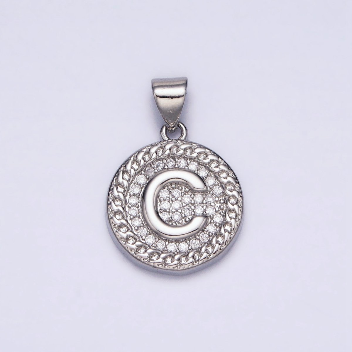 White Gold Filled Initial Letter A-Z Micro Paved Curb Link Round Coin Pendant | AD357 - AD382 - DLUXCA