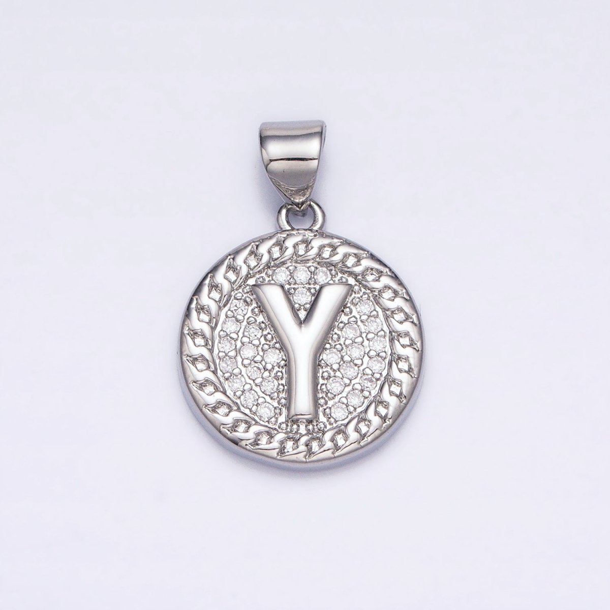 White Gold Filled Initial Letter A-Z Micro Paved Curb Link Round Coin Pendant | AD357 - AD382 - DLUXCA