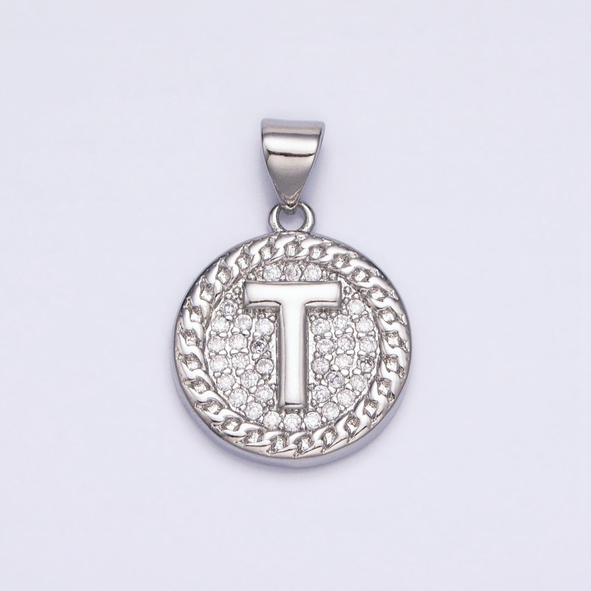 White Gold Filled Initial Letter A-Z Micro Paved Curb Link Round Coin Pendant | AD357 - AD382 - DLUXCA
