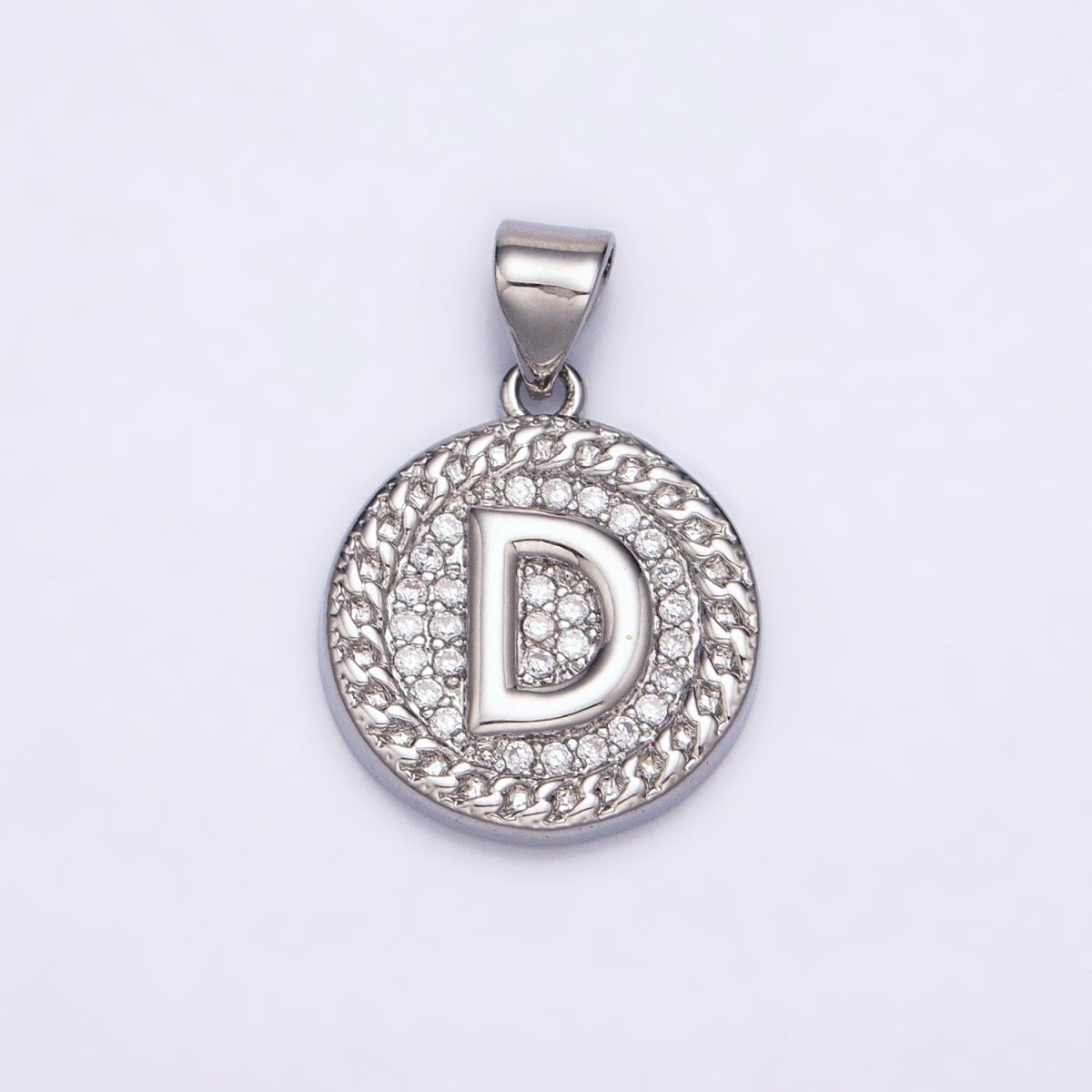 White Gold Filled Initial Letter A-Z Micro Paved Curb Link Round Coin Pendant | AD357 - AD382 - DLUXCA