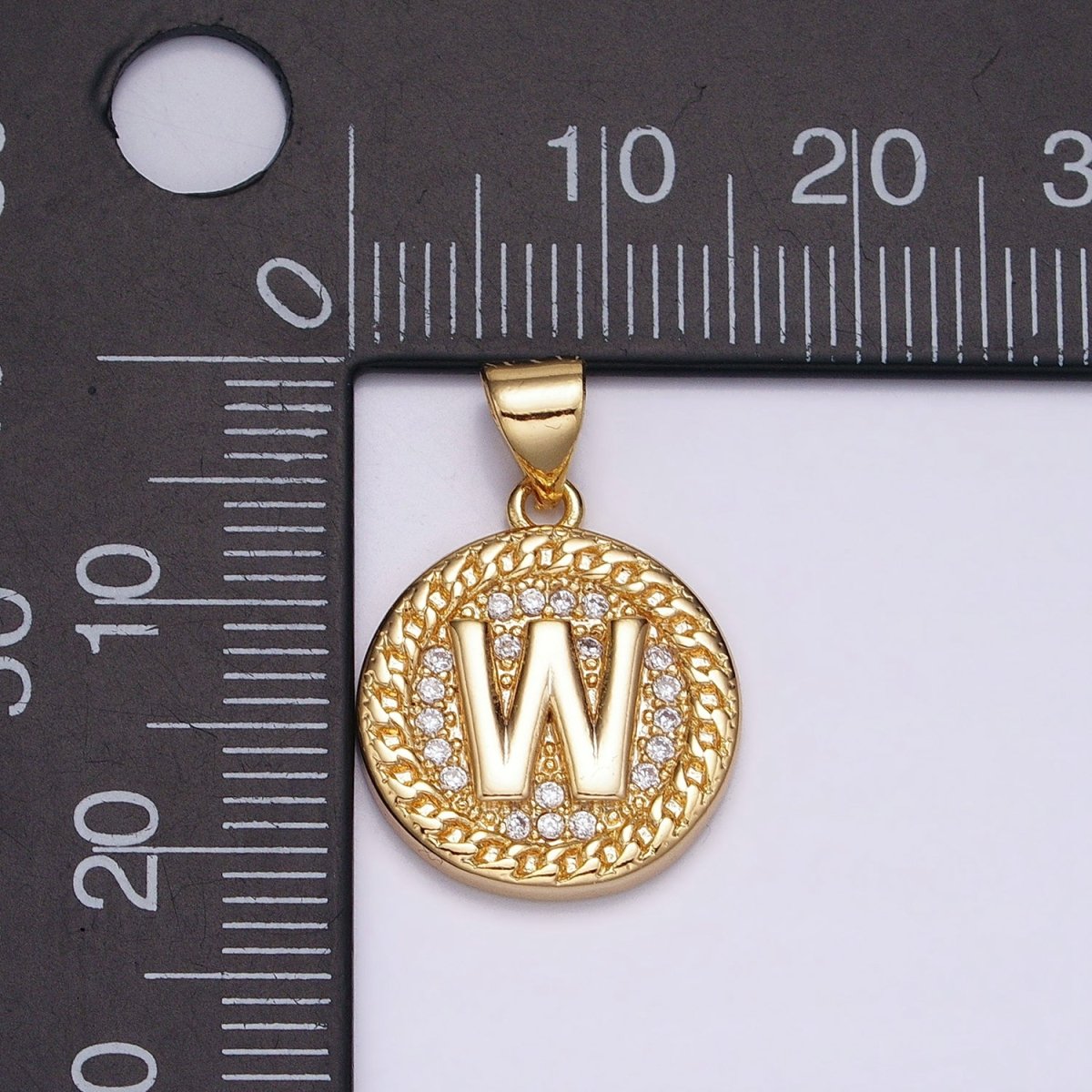 White Gold Filled Initial Letter A-Z Micro Paved Curb Link Round Coin Pendant | AD357 - AD382 - DLUXCA