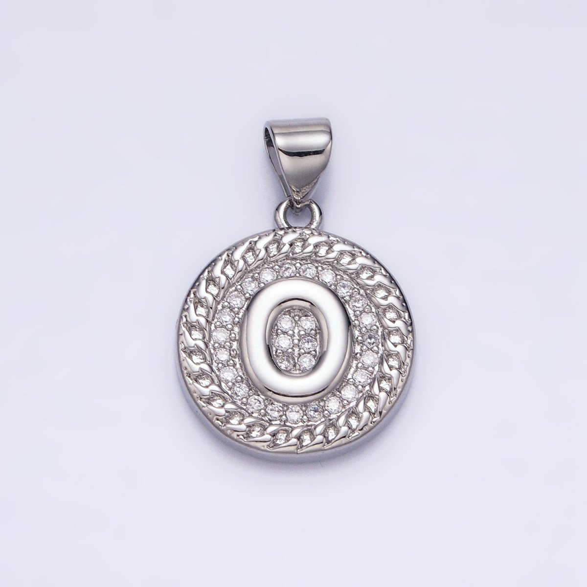 White Gold Filled Initial Letter A-Z Micro Paved Curb Link Round Coin Pendant | AD357 - AD382 - DLUXCA