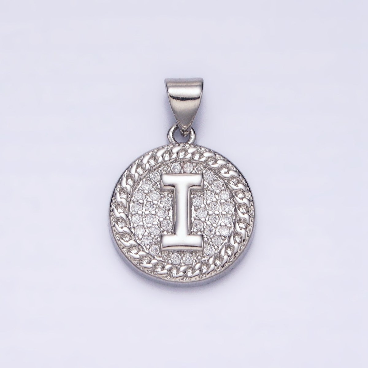 White Gold Filled Initial Letter A-Z Micro Paved Curb Link Round Coin Pendant | AD357 - AD382 - DLUXCA