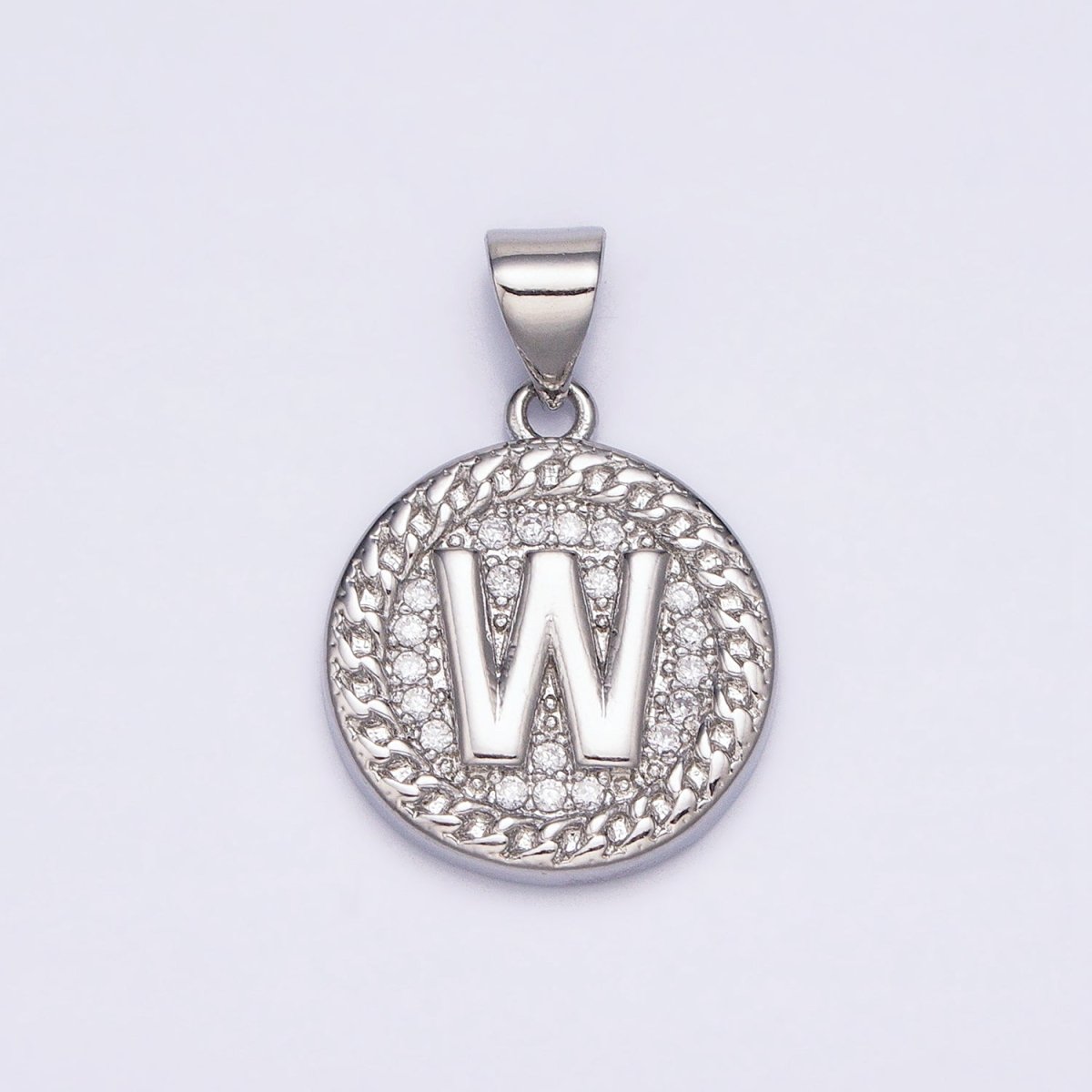 White Gold Filled Initial Letter A-Z Micro Paved Curb Link Round Coin Pendant | AD357 - AD382 - DLUXCA