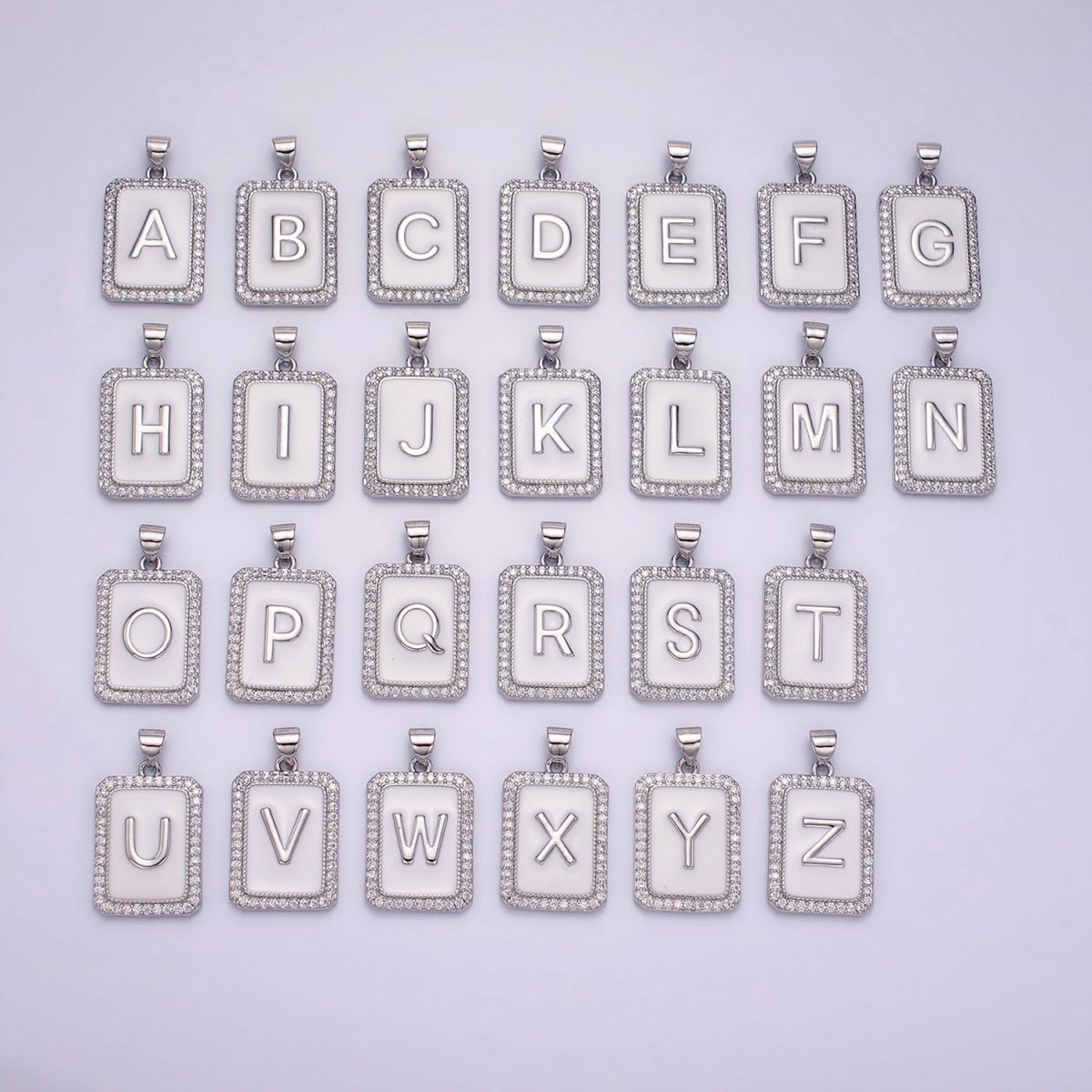 White Gold Filled Initial Letter A-Z White Enamel Micro Paved CZ Personalized Tag Pendant | AD521 - AD546 - DLUXCA