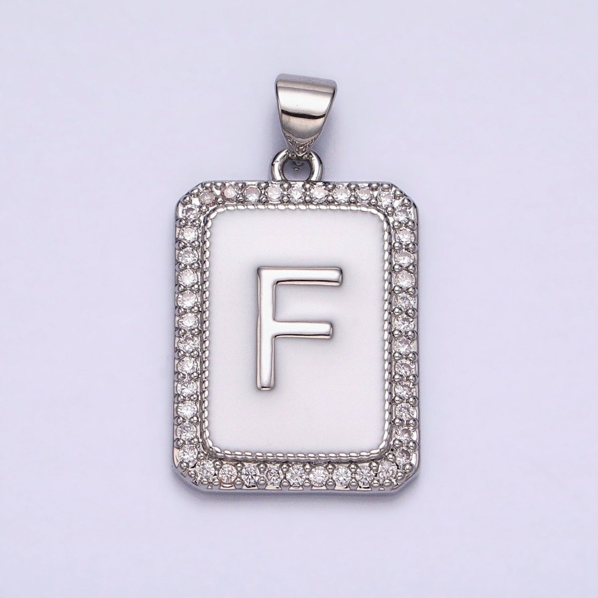 White Gold Filled Initial Letter A-Z White Enamel Micro Paved CZ Personalized Tag Pendant | AD521 - AD546 - DLUXCA