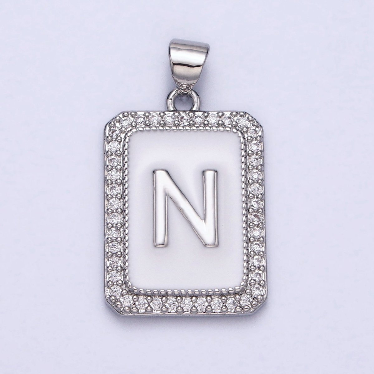 White Gold Filled Initial Letter A-Z White Enamel Micro Paved CZ Personalized Tag Pendant | AD521 - AD546 - DLUXCA