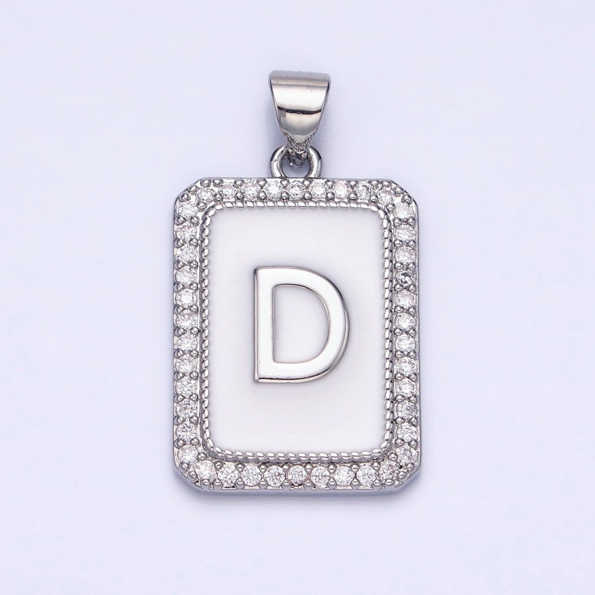 White Gold Filled Initial Letter A-Z White Enamel Micro Paved CZ Personalized Tag Pendant | AD521 - AD546 - DLUXCA