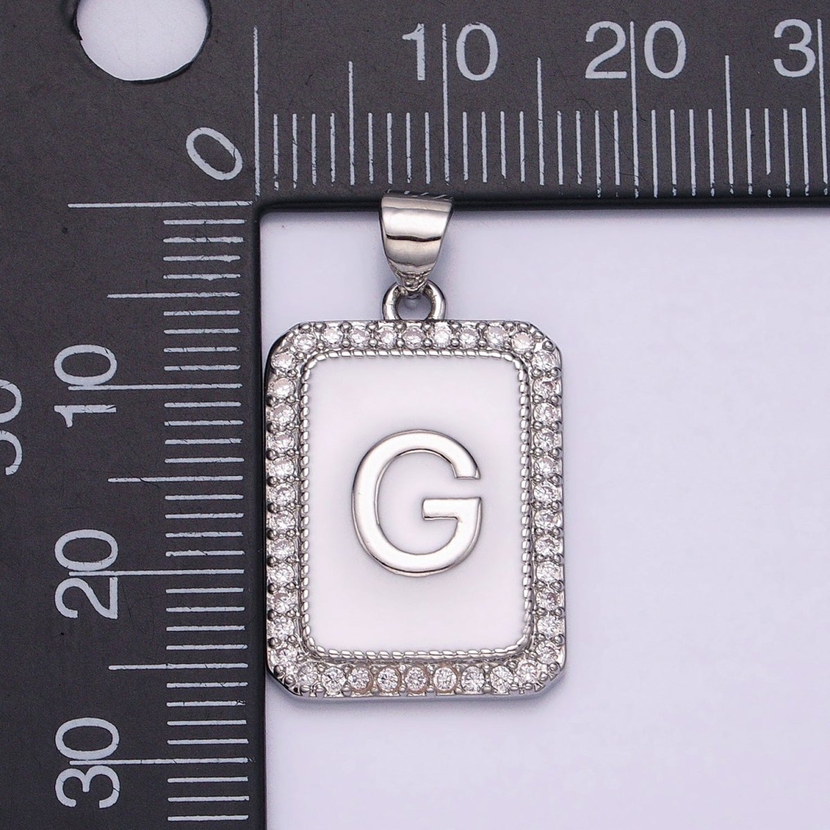 White Gold Filled Initial Letter A-Z White Enamel Micro Paved CZ Personalized Tag Pendant | AD521 - AD546 - DLUXCA