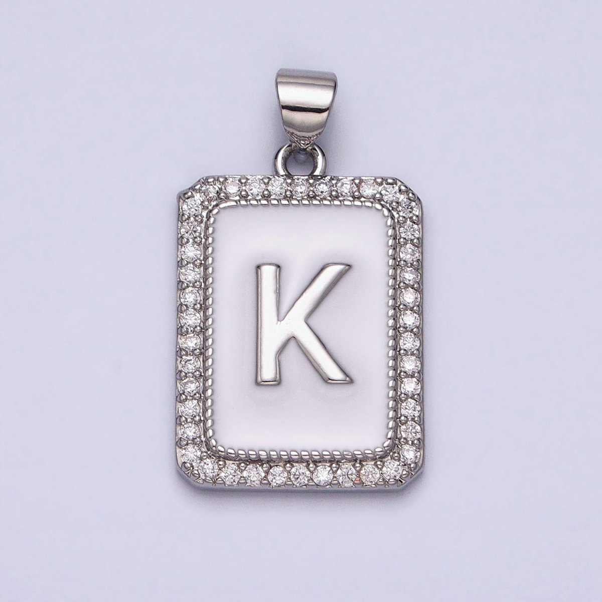 White Gold Filled Initial Letter A-Z White Enamel Micro Paved CZ Personalized Tag Pendant | AD521 - AD546 - DLUXCA