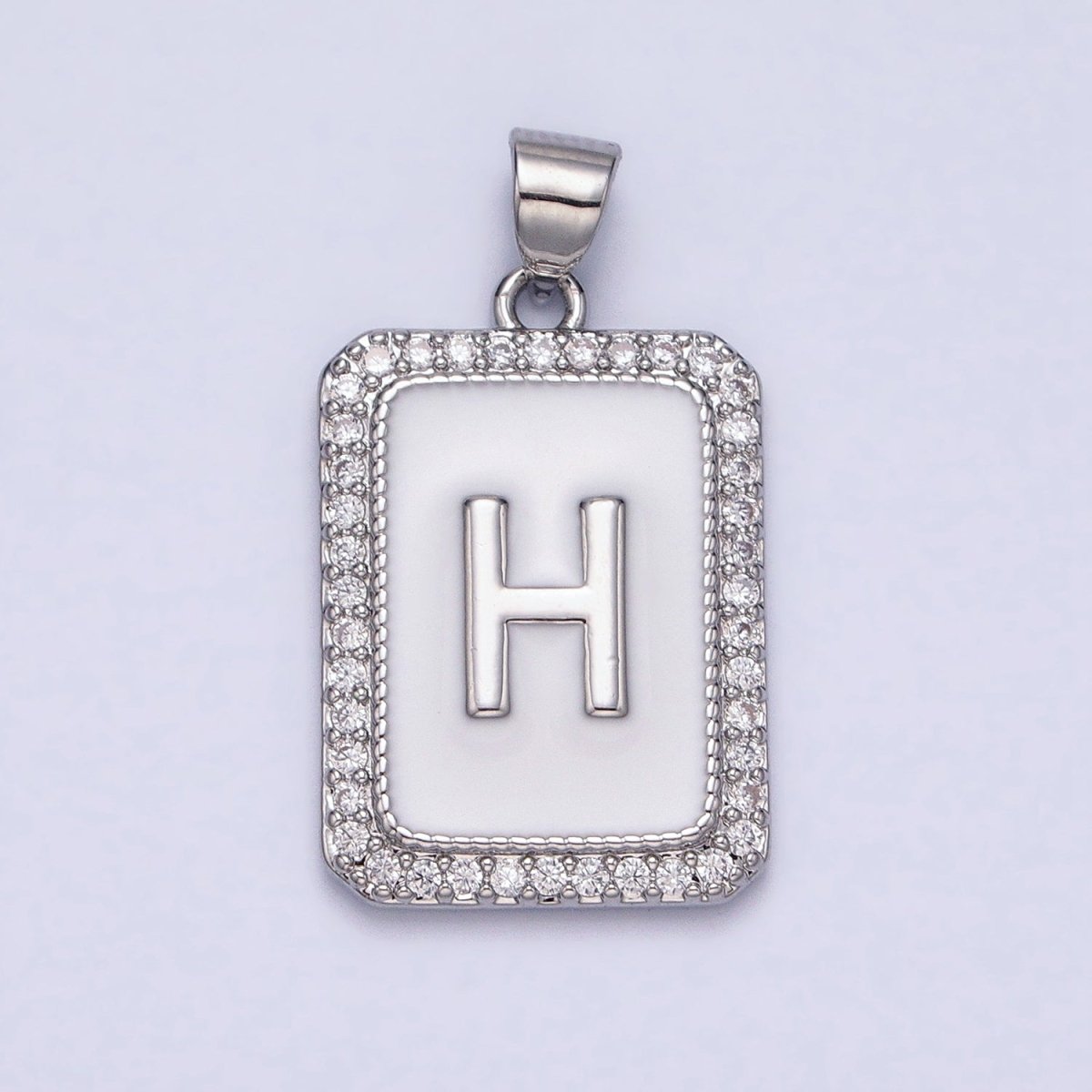 White Gold Filled Initial Letter A-Z White Enamel Micro Paved CZ Personalized Tag Pendant | AD521 - AD546 - DLUXCA