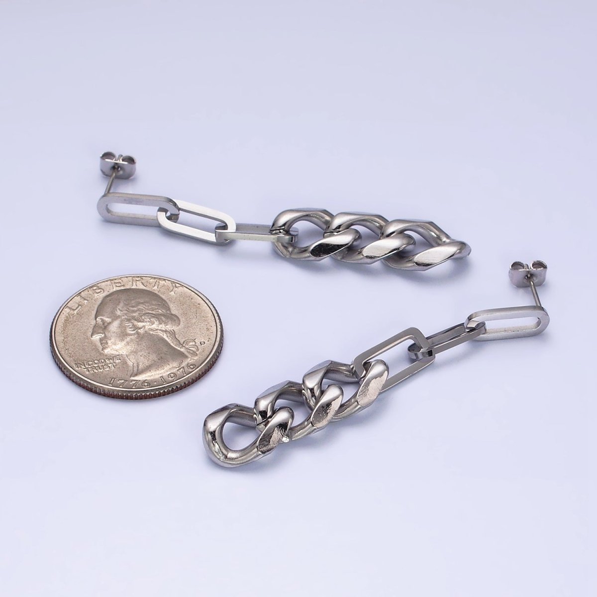 White Gold Filled Linear Paperclip Curb Chain Link Stud Earrings | AD1424 - DLUXCA