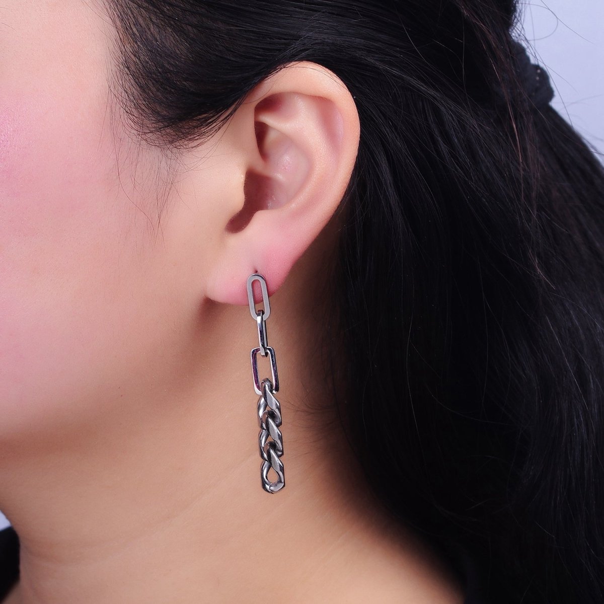 White Gold Filled Linear Paperclip Curb Chain Link Stud Earrings | AD1424 - DLUXCA