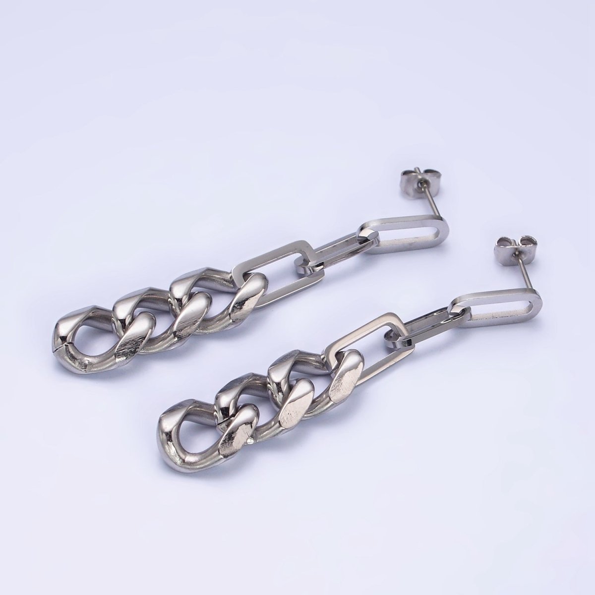 White Gold Filled Linear Paperclip Curb Chain Link Stud Earrings | AD1424 - DLUXCA