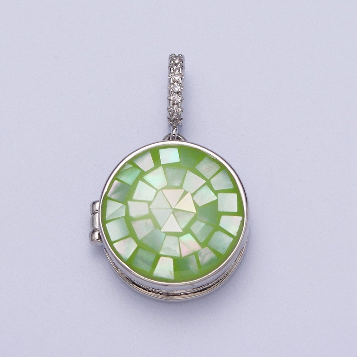 White Gold Filled Marian Cross Black, Green, Pink, White, Green Shell Opal Round Locket Pendant H-044 H-052 H-060 H-066 H-073 - DLUXCA