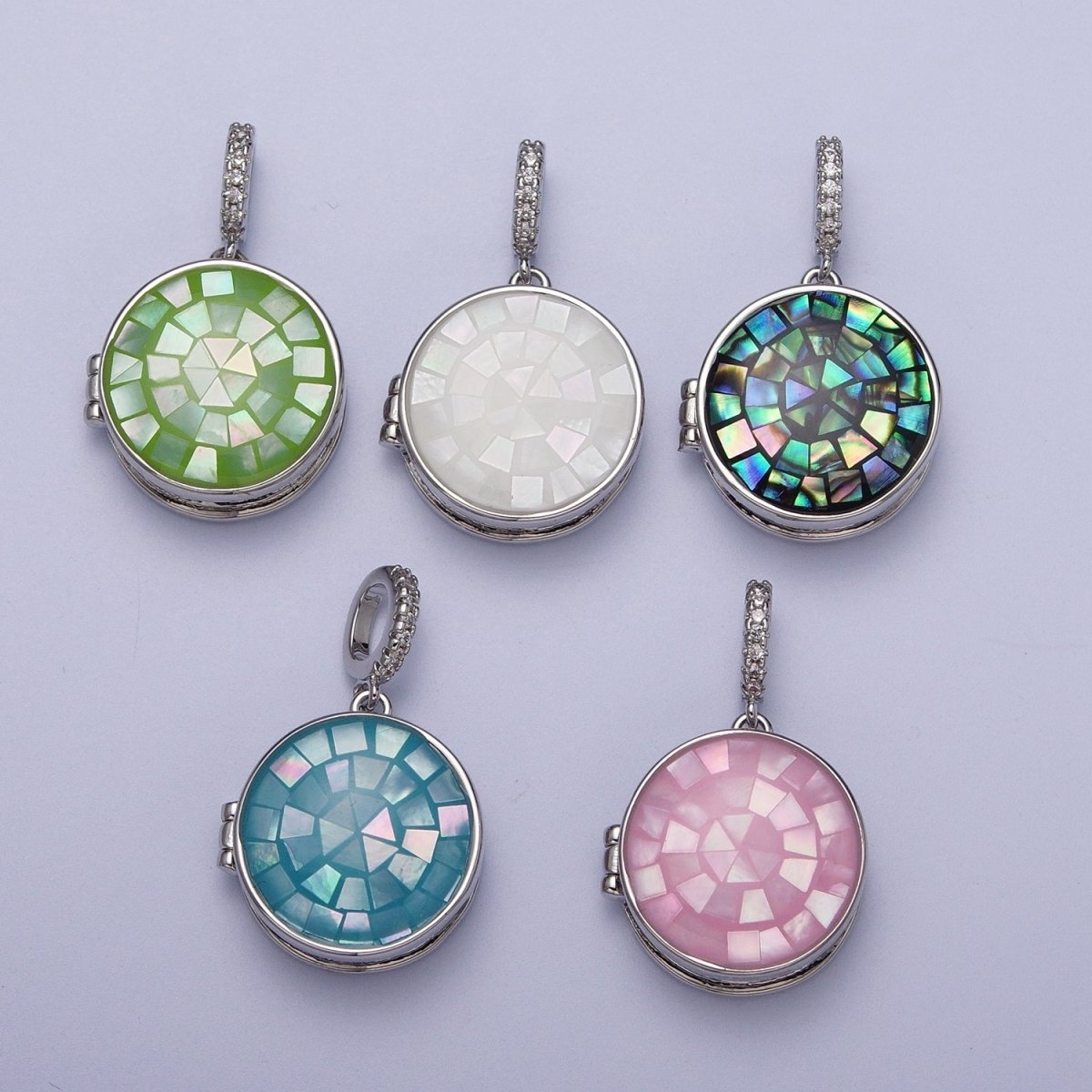 White Gold Filled Marian Cross Black, Green, Pink, White, Green Shell Opal Round Locket Pendant H-044 H-052 H-060 H-066 H-073 - DLUXCA
