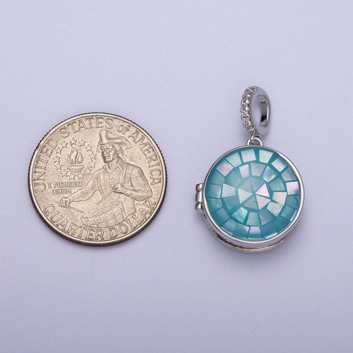 White Gold Filled Marian Cross Black, Green, Pink, White, Green Shell Opal Round Locket Pendant H-044 H-052 H-060 H-066 H-073 - DLUXCA