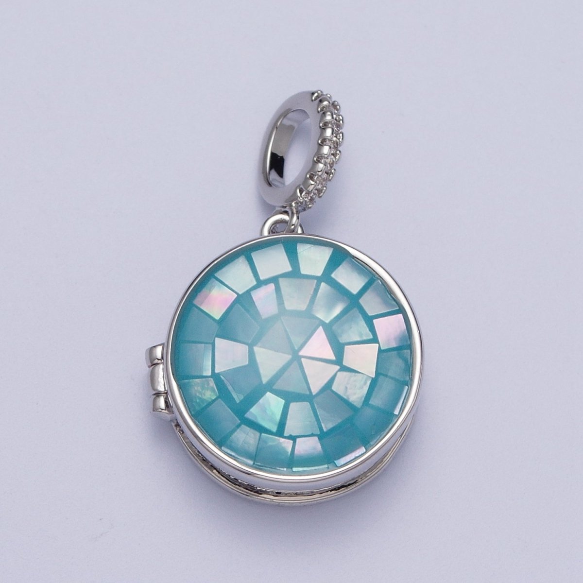 White Gold Filled Marian Cross Black, Green, Pink, White, Green Shell Opal Round Locket Pendant H-044 H-052 H-060 H-066 H-073 - DLUXCA