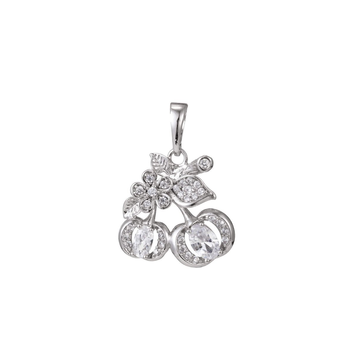 White Gold Filled Micro Pave CZ Cherry Pendant Charm, Micro Pave CZ Cherry Pendant Charm, Gold Filled Fruit Pendant, For DIY Jewelry I-395 I-457 - DLUXCA