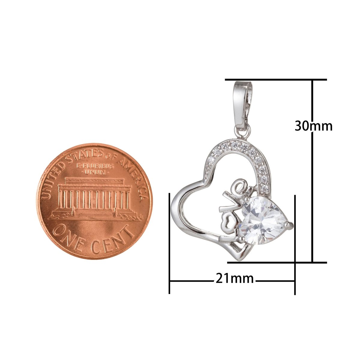 White Gold Filled Micro Pave CZ Love Heart Pendant Charm, Heart Micro Pave CZ Pendant Charm, White Gold Filled Pendant, For DIY Jewelry I-383 - DLUXCA