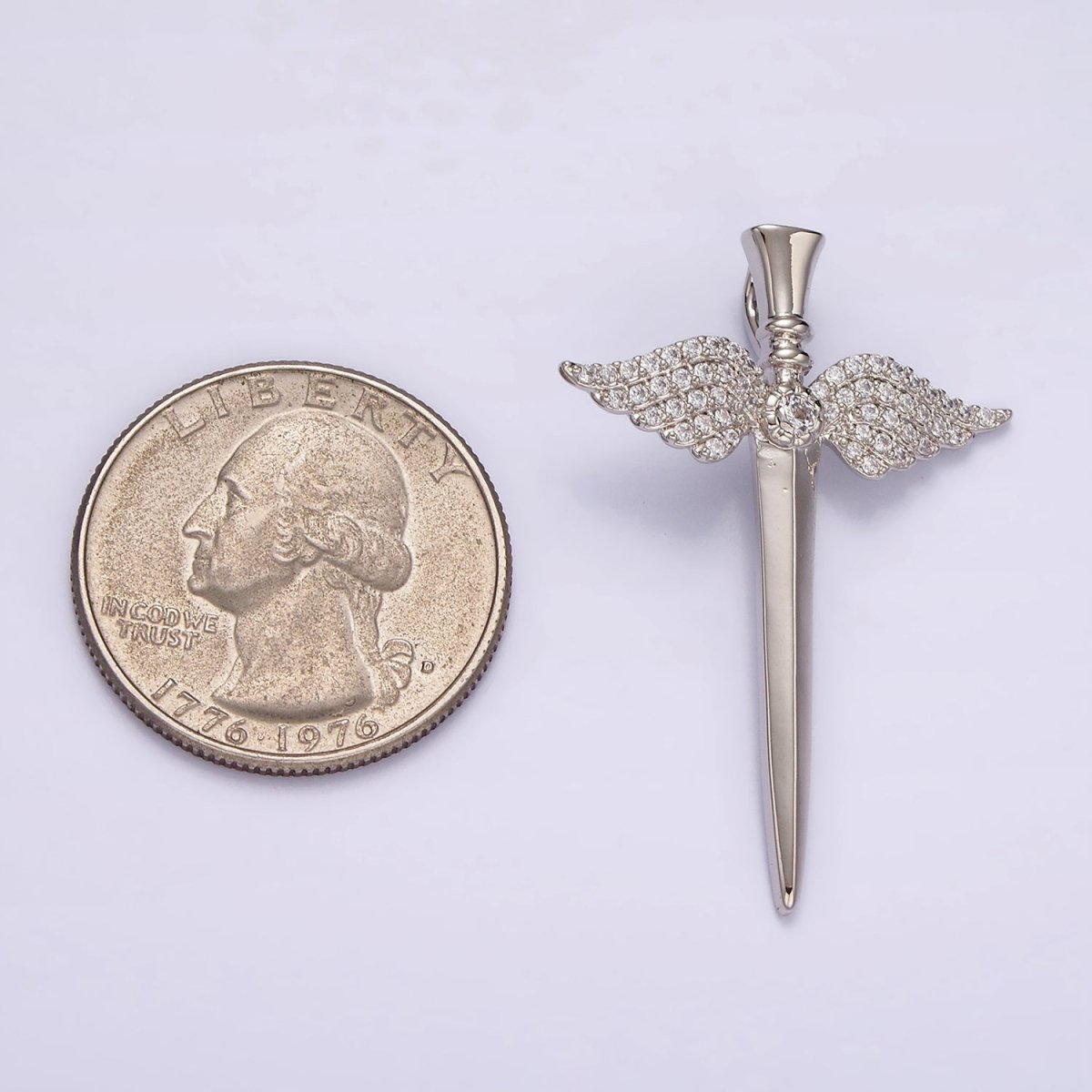 White Gold Filled Micro Paved CZ Angel Wings Sword Weapon Back Loop Pendant | N1872 - DLUXCA