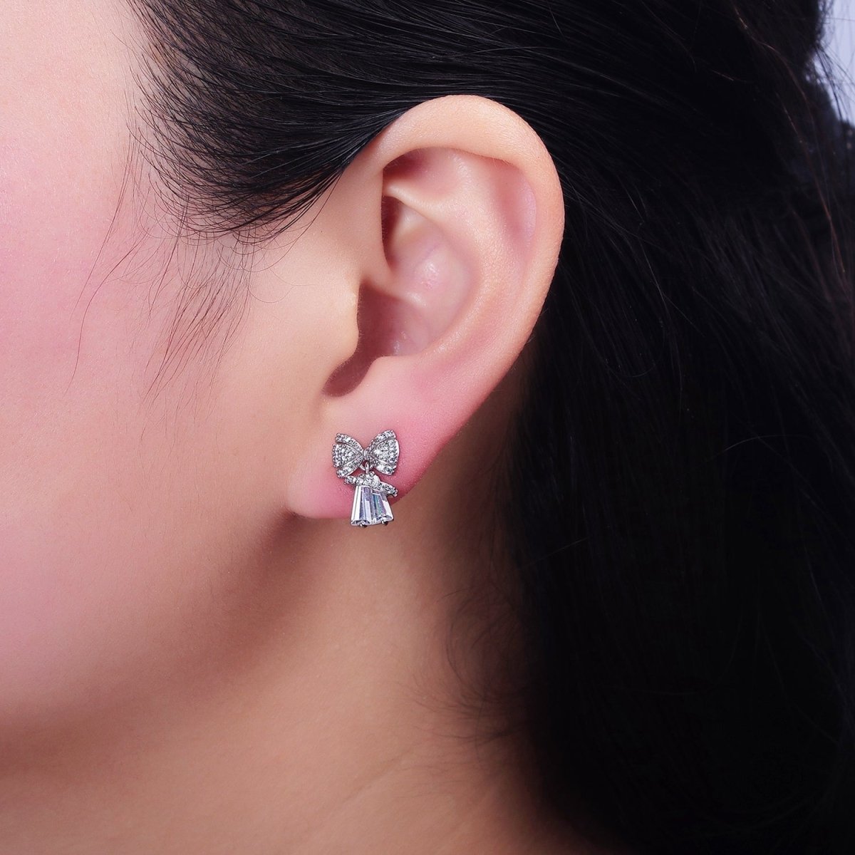 White Gold Filled Micro Paved CZ Ribbon Clear Baguette Bell Stud Earrings | AD1454 - DLUXCA