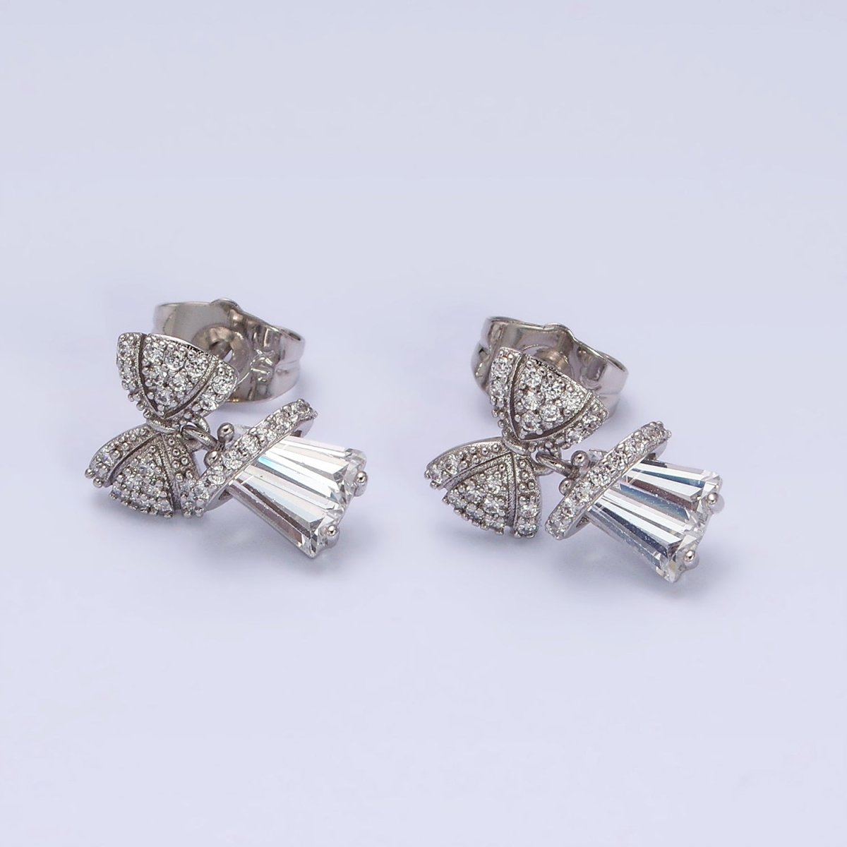 White Gold Filled Micro Paved CZ Ribbon Clear Baguette Bell Stud Earrings | AD1454 - DLUXCA
