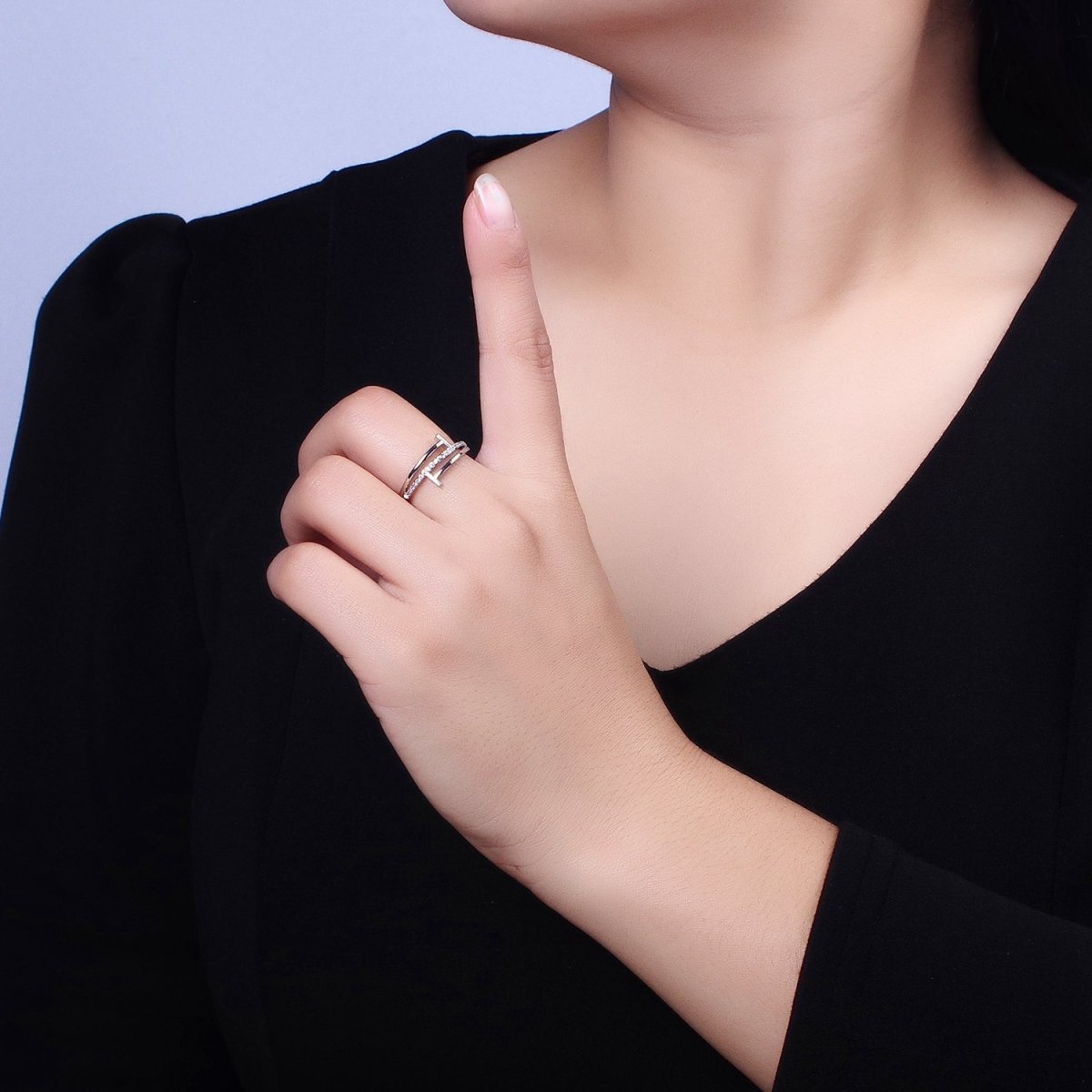 White Gold Filled Micro Paved Geometric Double T-Nail Heart End Adjustable Silver Ring | O-002 - DLUXCA