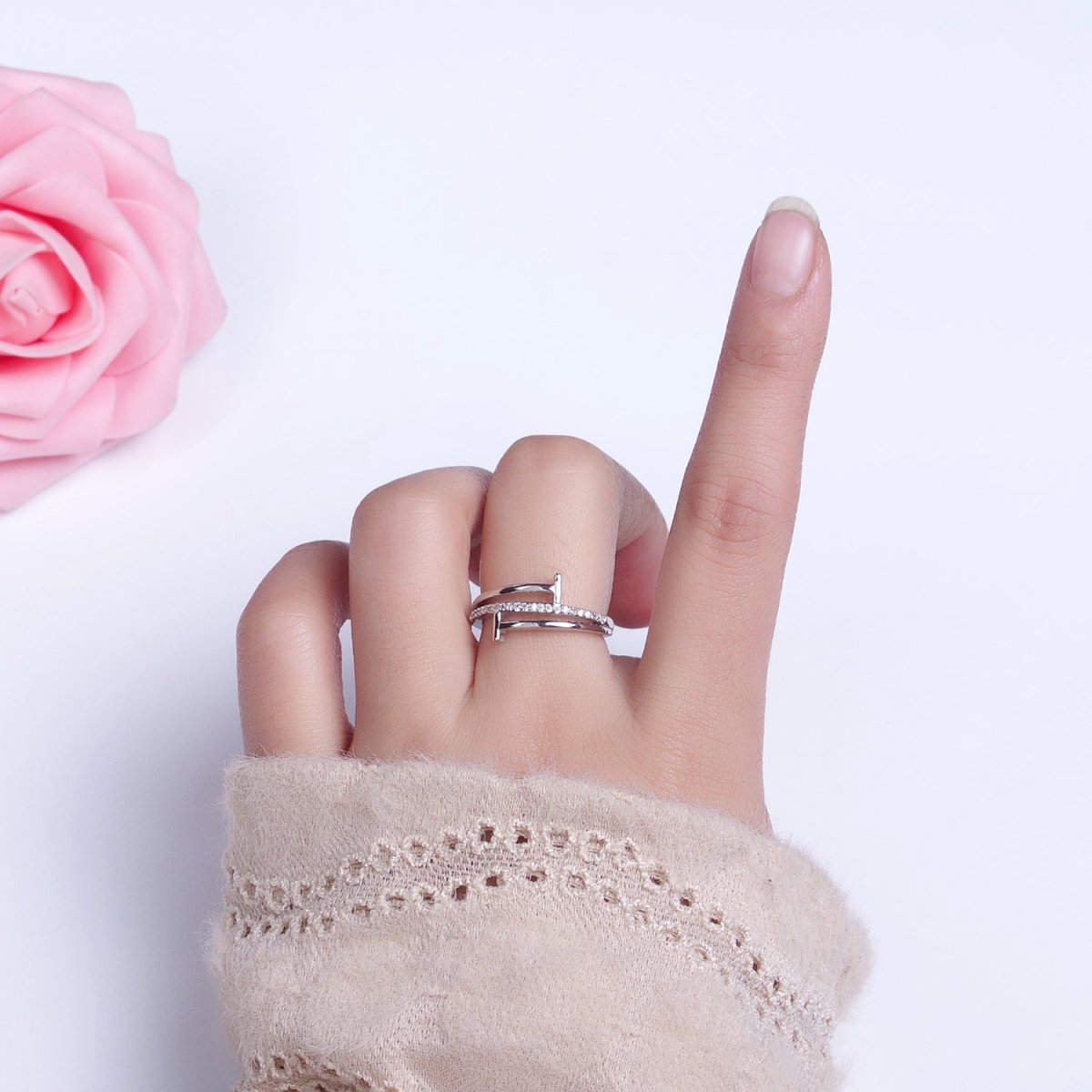 White Gold Filled Micro Paved Geometric Double T-Nail Heart End Adjustable Silver Ring | O-002 - DLUXCA