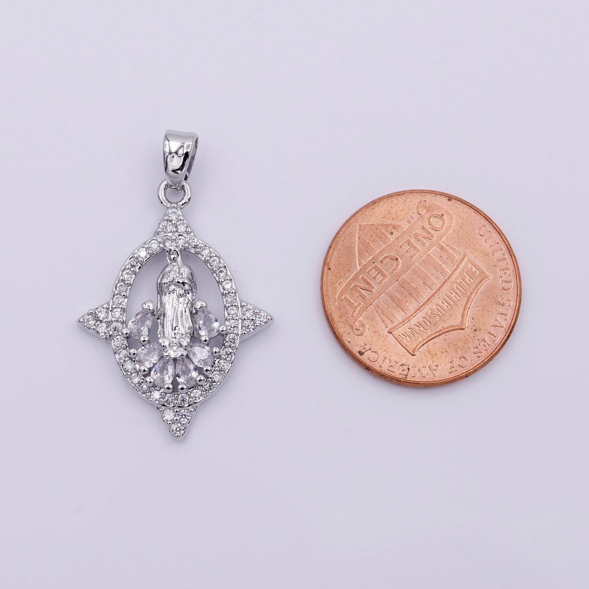 White Gold Filled Mother Virgin Mary Open Clear Teardrop Micro Paved CZ Spiked Oval Pendant | AA434 - DLUXCA