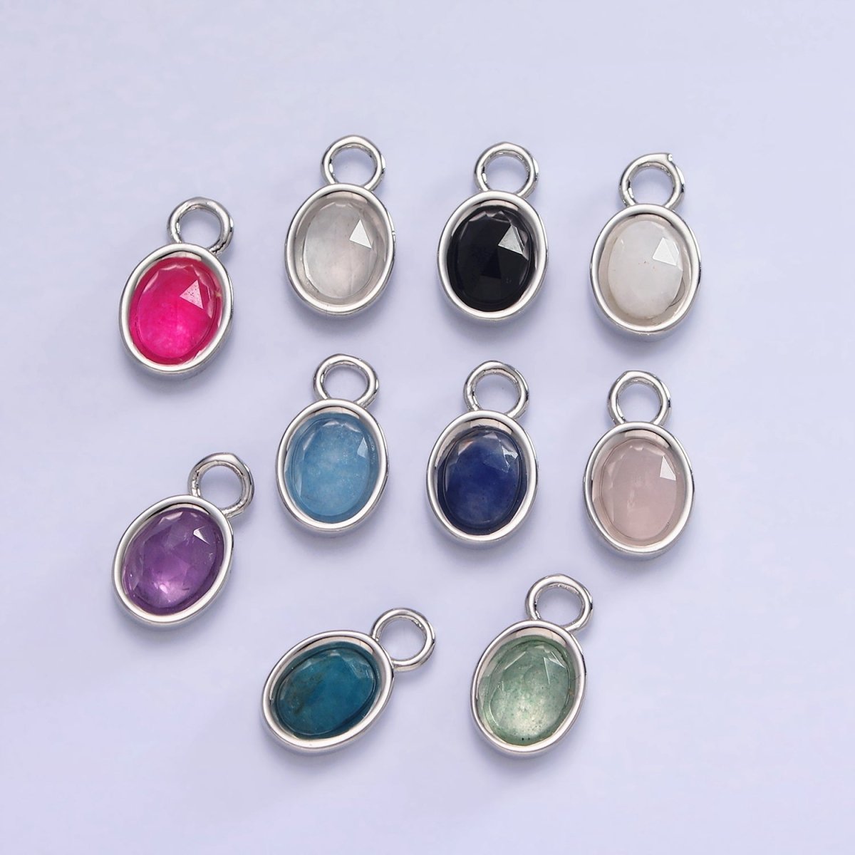 White Gold Filled Oval Multifaceted Natural Gemstone Personalized Add-On Silver Charm | AC1390 - AC1399 - DLUXCA