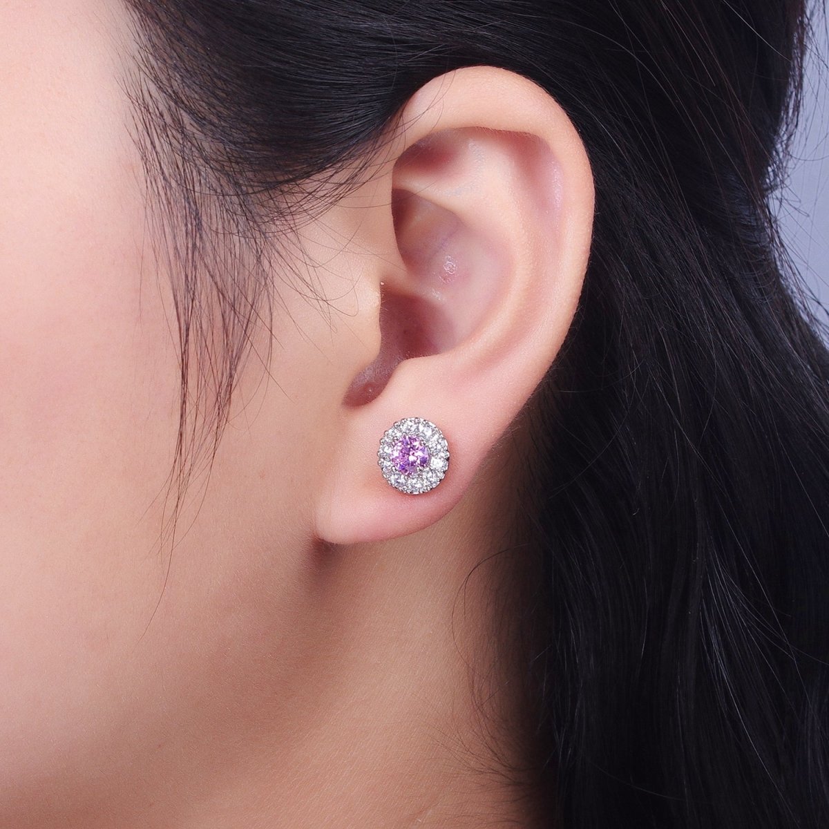 White Gold Filled Pink, Clear, Orange CZ 10mm Round Stud Earrings | V-007 Y-289 Y-290 - DLUXCA