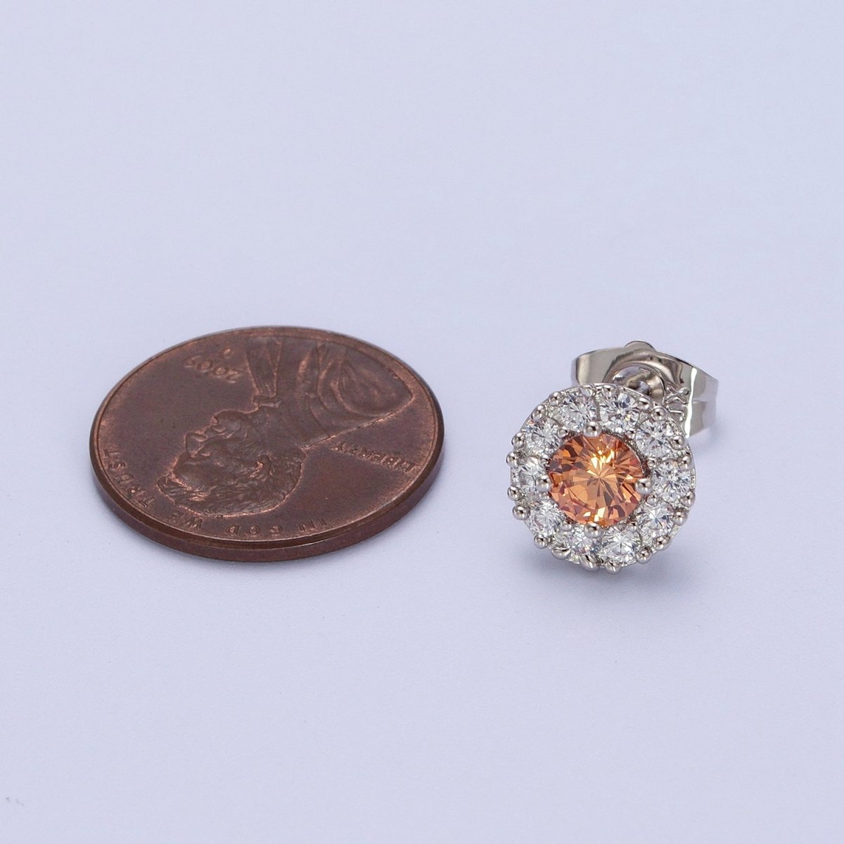 White Gold Filled Pink, Clear, Orange CZ 10mm Round Stud Earrings | V-007 Y-289 Y-290 - DLUXCA