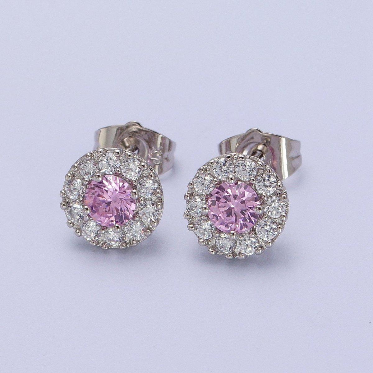 White Gold Filled Pink, Clear, Orange CZ 10mm Round Stud Earrings | V-007 Y-289 Y-290 - DLUXCA