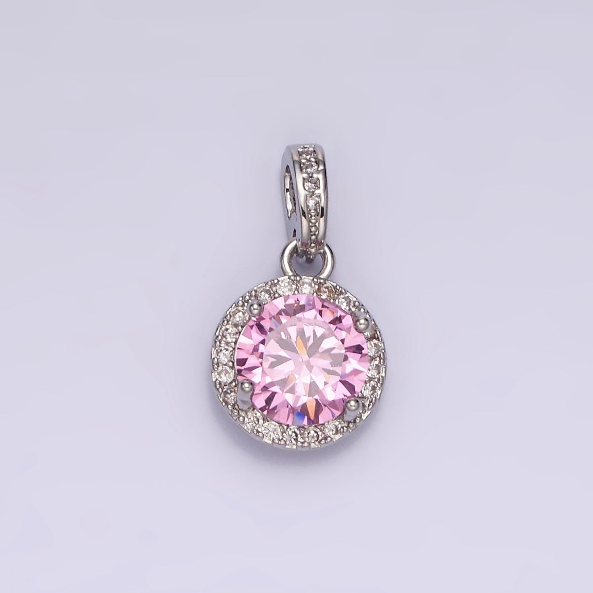 White Gold Filled Pink, Purple, Red Round Micro Paved CZ Bail Pendant | N1813 - N1815 - DLUXCA