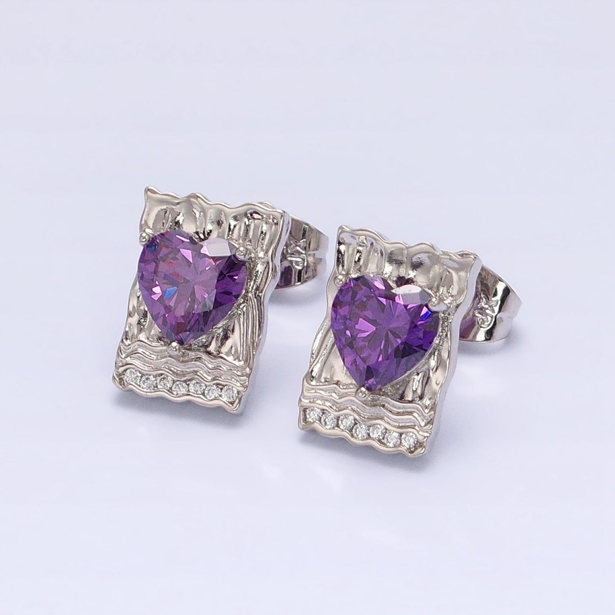 White Gold Filled Red, Purple, Pink Heart CZ Hammered Micro Paved Bar Stud Earrings | AD1412 - AD1414 - DLUXCA