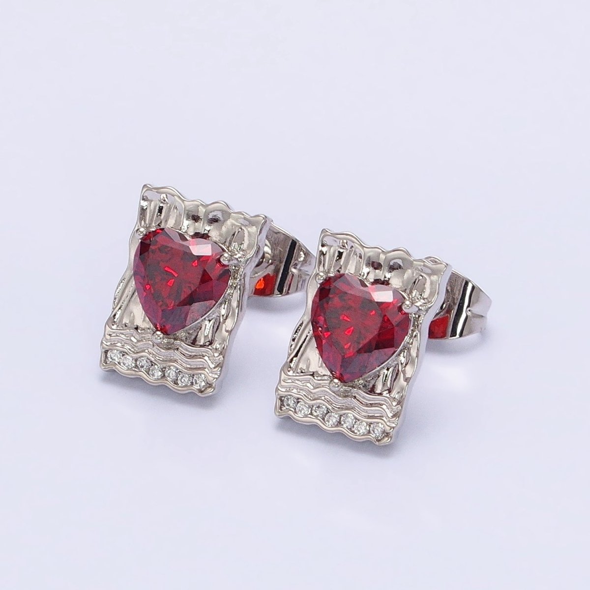 White Gold Filled Red, Purple, Pink Heart CZ Hammered Micro Paved Bar Stud Earrings | AD1412 - AD1414 - DLUXCA