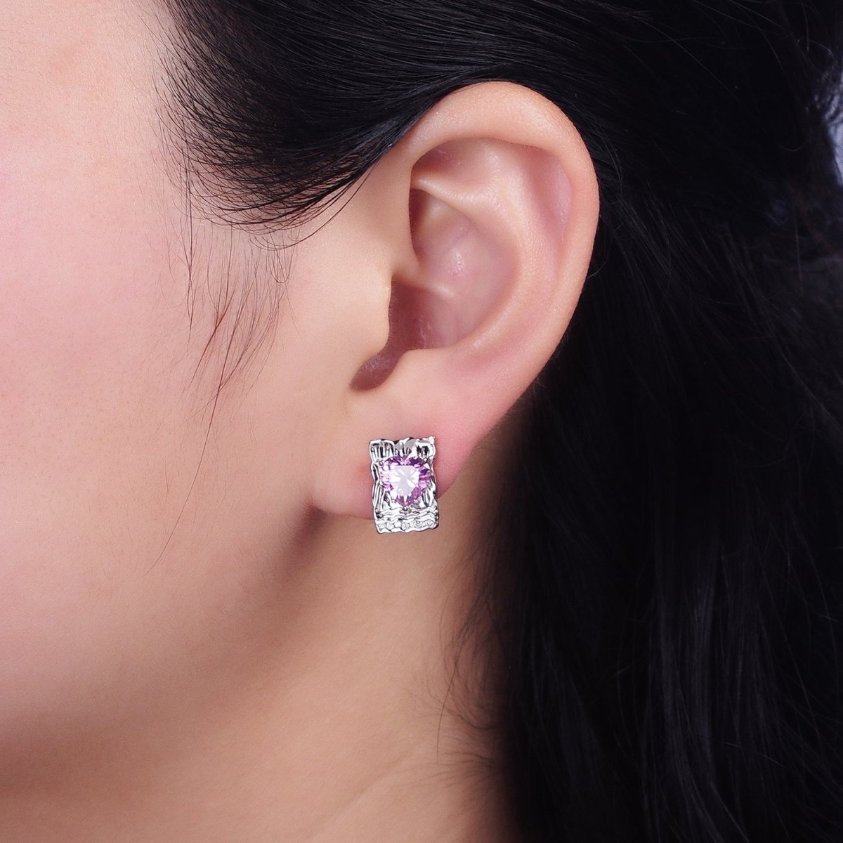 White Gold Filled Red, Purple, Pink Heart CZ Hammered Micro Paved Bar Stud Earrings | AD1412 - AD1414 - DLUXCA