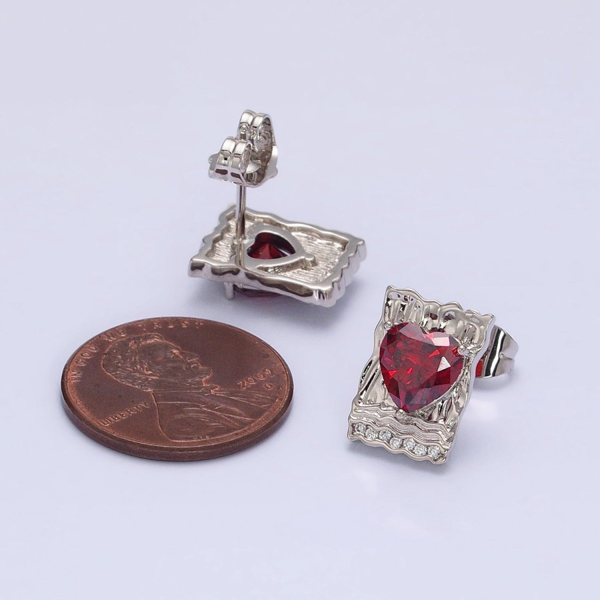 White Gold Filled Red, Purple, Pink Heart CZ Hammered Micro Paved Bar Stud Earrings | AD1412 - AD1414 - DLUXCA